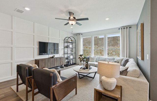 4267 Arlington Ave, Mckinney, TX 75071 - living room featuring ceiling fan, wood finished floors, recessed lighting, and built in shelves
