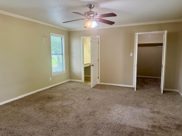 322 E Division St, Muenster, TX 76252 - unfurnished bedroom featuring ornamental molding, carpet flooring, baseboards, a ceiling fan, and a closet