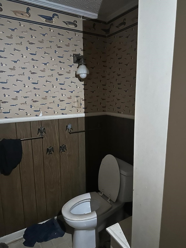 3182 E US Highway 84, Palestine, TX 75801 - bathroom with toilet, wainscoting, wood walls, and tile patterned flooring