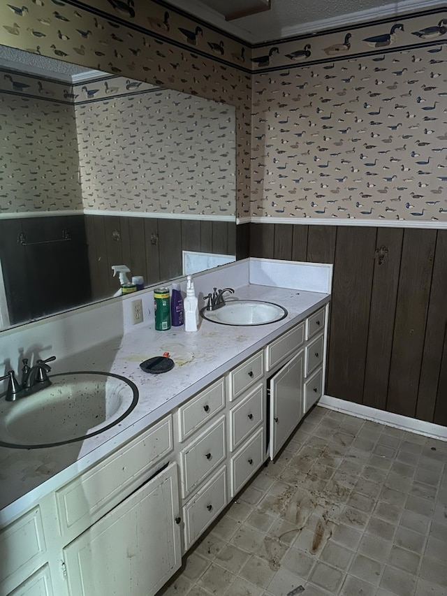 3182 E US Highway 84, Palestine, TX 75801 - full bath with a wainscoted wall, double vanity, wooden walls, and wallpapered walls