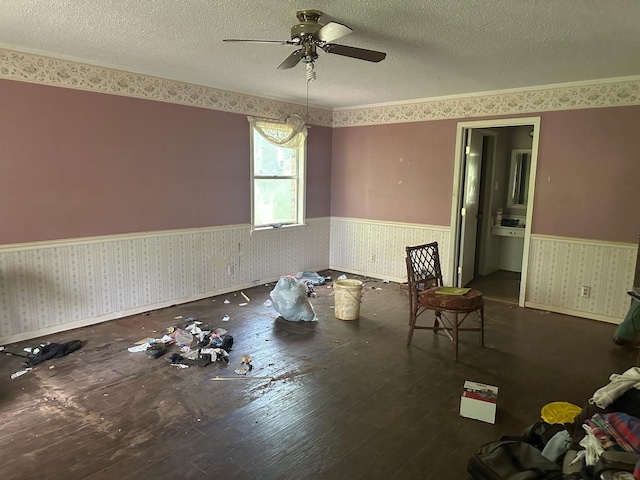 3182 E US Highway 84, Palestine, TX 75801 - empty room featuring a wainscoted wall, wood-type flooring, ceiling fan, wallpapered walls, and a textured ceiling