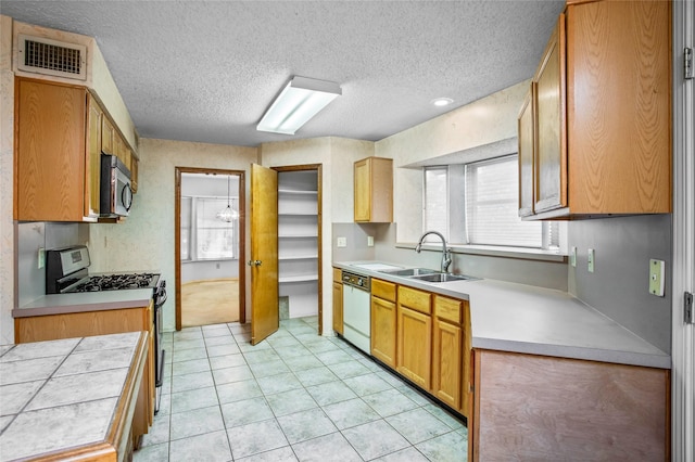 2025 Sancerre Ln, Carrollton, TX 75007 - kitchen with stainless steel appliances, a sink, a textured ceiling, light countertops, and light tile patterned floors