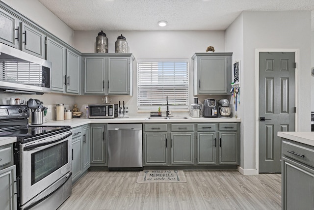 1317 Woodthorpe Dr, Mesquite, TX 75181 - kitchen featuring appliances with stainless steel finishes, gray cabinetry, a sink, light countertops, and a textured ceiling