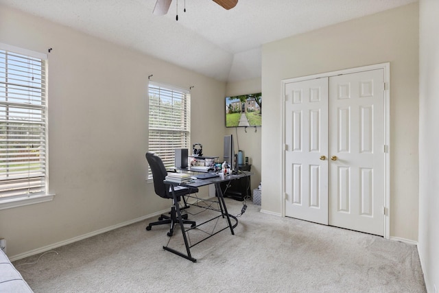 1317 Woodthorpe Dr, Mesquite, TX 75181 - carpeted home office featuring ceiling fan, baseboards, and vaulted ceiling