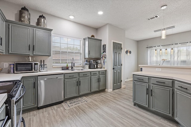 1317 Woodthorpe Dr, Mesquite, TX 75181 - kitchen featuring stainless steel appliances, a sink, gray cabinets, plenty of natural light, and a textured ceiling