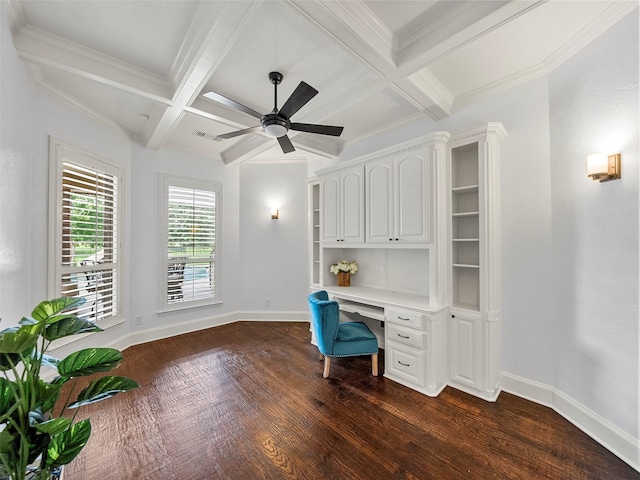 2901 Lakeview Dr, Prosper, TX 75078 - unfurnished office with built in desk, coffered ceiling, dark wood finished floors, ceiling fan, and beam ceiling