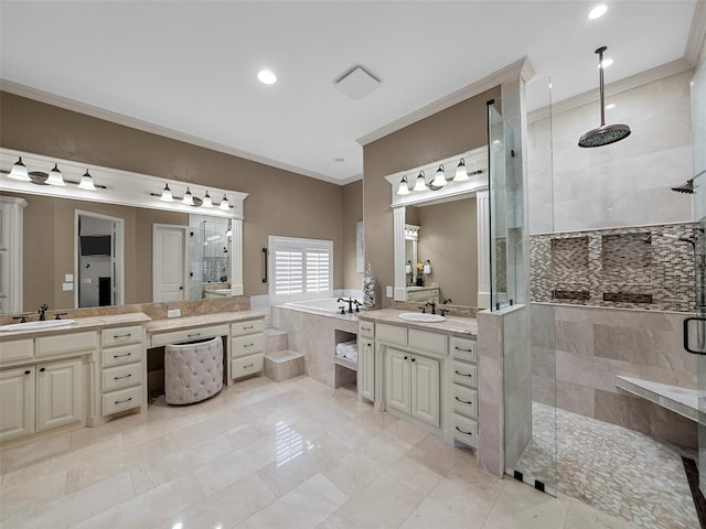 2901 Lakeview Dr, Prosper, TX 75078 - bathroom featuring crown molding, a shower stall, two vanities, a garden tub, and recessed lighting