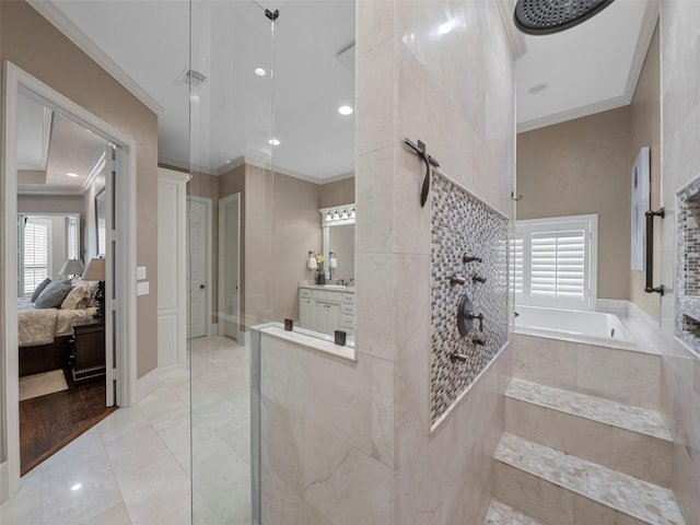 2901 Lakeview Dr, Prosper, TX 75078 - ensuite bathroom with walk in shower, ornamental molding, a bath, and vanity