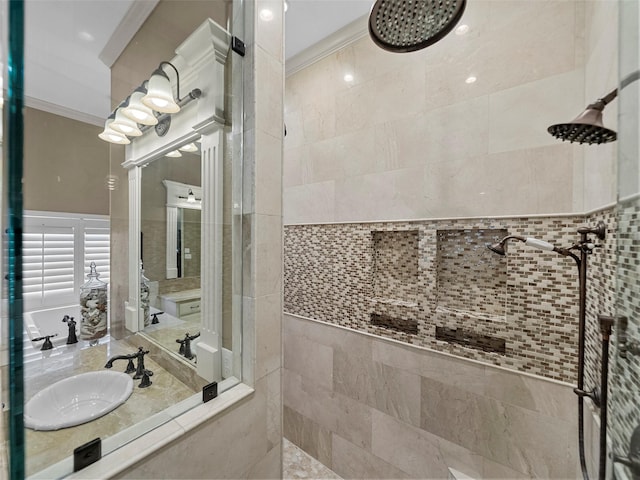2901 Lakeview Dr, Prosper, TX 75078 - full bathroom with tiled shower and ornamental molding
