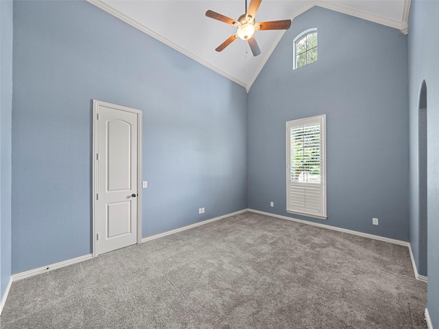 2901 Lakeview Dr, Prosper, TX 75078 - unfurnished room with ceiling fan, carpet, high vaulted ceiling, and ornamental molding
