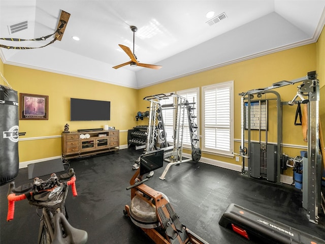 2901 Lakeview Dr, Prosper, TX 75078 - workout room with a tray ceiling, ceiling fan, baseboards, and lofted ceiling