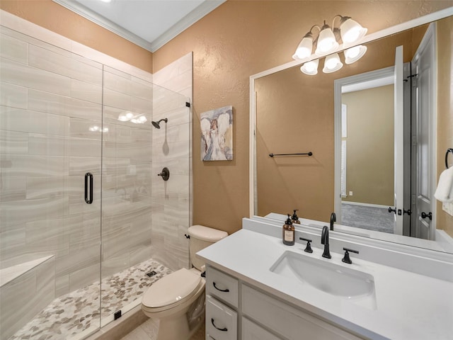 2901 Lakeview Dr, Prosper, TX 75078 - bathroom with a stall shower, vanity, ornamental molding, and a textured wall
