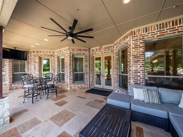 2901 Lakeview Dr, Prosper, TX 75078 - view of patio / terrace featuring french doors, ceiling fan, and an outdoor hangout area