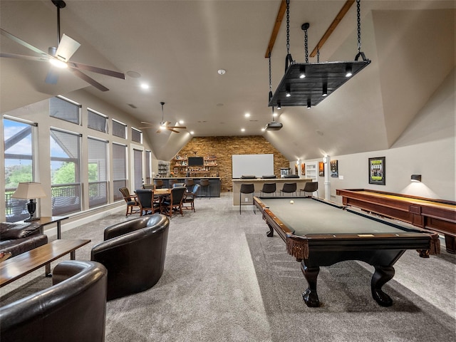 2901 Lakeview Dr, Prosper, TX 75078 - game room featuring ceiling fan, billiards table, high vaulted ceiling, and recessed lighting