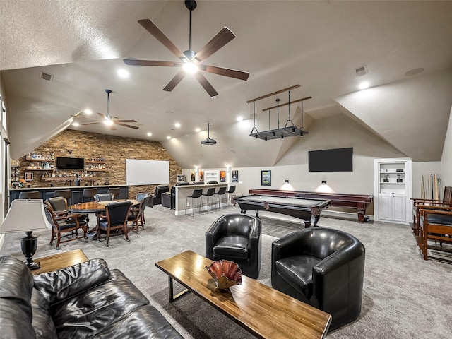 2901 Lakeview Dr, Prosper, TX 75078 - living room featuring vaulted ceiling, a ceiling fan, pool table, and light carpet