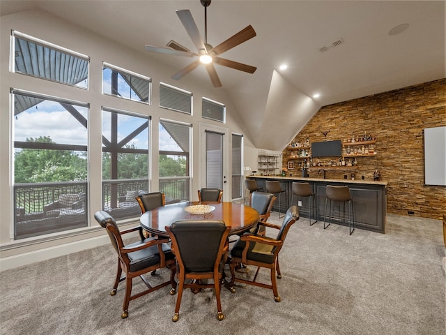 2901 Lakeview Dr, Prosper, TX 75078 - carpeted dining area featuring lofted ceiling, a ceiling fan, and plenty of natural light