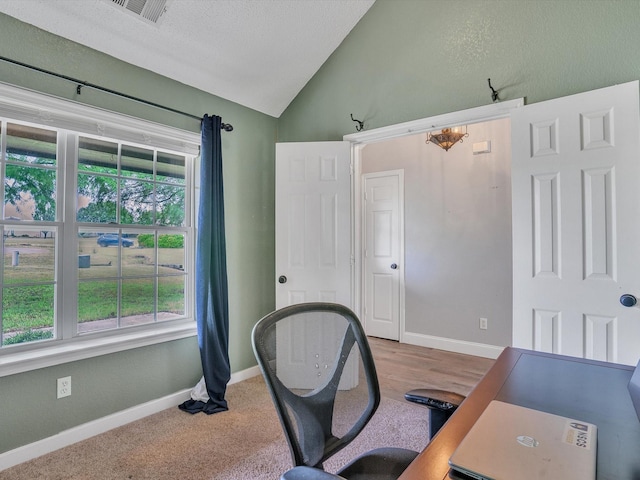 15067 Meadow Ridge Ct, Nevada, TX 75173 - office with lofted ceiling, baseboards, a textured ceiling, and a chandelier