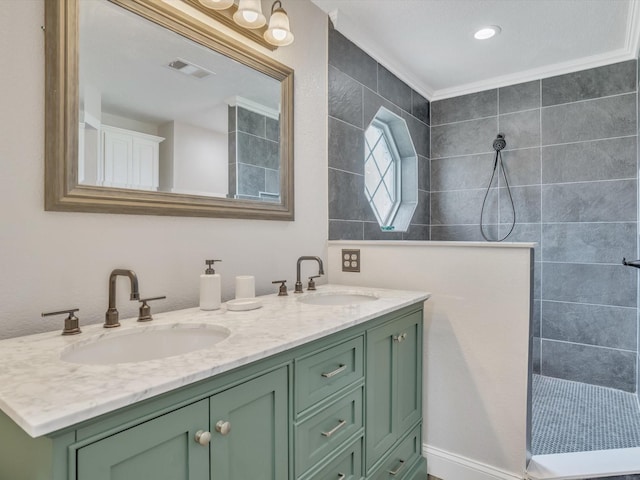 15067 Meadow Ridge Ct, Nevada, TX 75173 - full bathroom with double vanity, a walk in shower, and ornamental molding