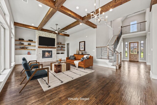 3416 Dovehill Dr, Northlake, TX 76247 - unfurnished living room featuring a ceiling fan, beam ceiling, stairway, dark wood-type flooring, and baseboards