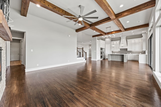 3416 Dovehill Dr, Northlake, TX 76247 - unfurnished living room featuring a ceiling fan, beam ceiling, stairway, dark wood-type flooring, and baseboards