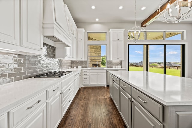 3416 Dovehill Dr, Northlake, TX 76247 - kitchen featuring gray cabinetry, a chandelier, custom exhaust hood, stainless steel appliances, and recessed lighting