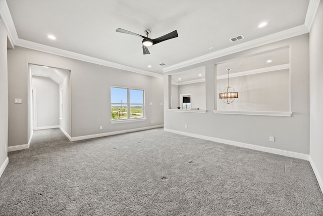 3416 Dovehill Dr, Northlake, TX 76247 - unfurnished room featuring a ceiling fan, carpet, crown molding, recessed lighting, and baseboards