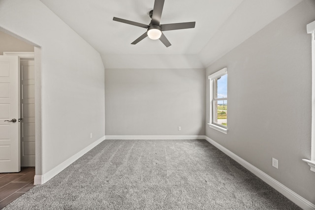 3416 Dovehill Dr, Northlake, TX 76247 - unfurnished room with ceiling fan, carpet, baseboards, and lofted ceiling