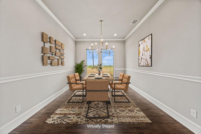 3416 Dovehill Dr, Northlake, TX 76247 - dining space featuring a chandelier, baseboards, crown molding, wood finished floors, and recessed lighting