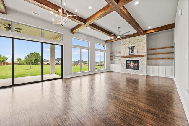 3416 Dovehill Dr, Northlake, TX 76247 - unfurnished living room featuring wood finished floors, beam ceiling, a fireplace, recessed lighting, and baseboards
