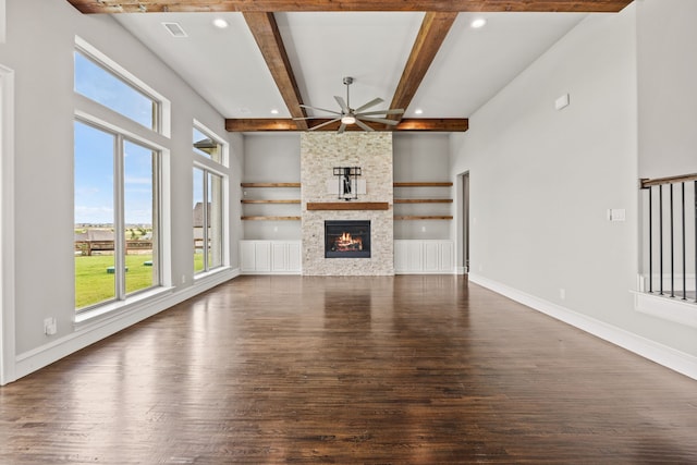 3416 Dovehill Dr, Northlake, TX 76247 - unfurnished living room featuring wood finished floors, ceiling fan, beam ceiling, recessed lighting, and a stone fireplace