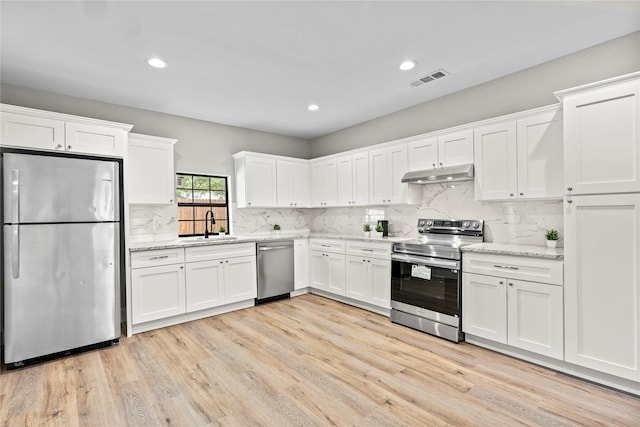 104 W 2nd St, Waxahachie, TX 75165 - kitchen with stainless steel appliances, under cabinet range hood, white cabinetry, a sink, and light wood-style flooring