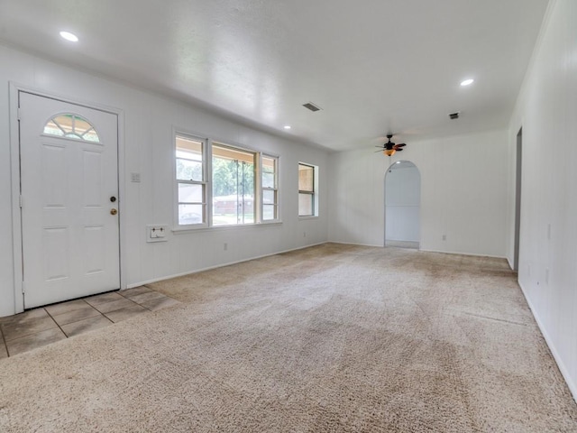 5512 Dennis Ave, Fort Worth, TX 76114 - foyer with light colored carpet, a ceiling fan, recessed lighting, and arched walkways