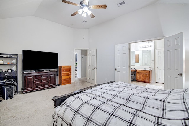 4621 Maple Hill Dr, Fort Worth, TX 76123 - bedroom featuring high vaulted ceiling, ensuite bath, and ceiling fan