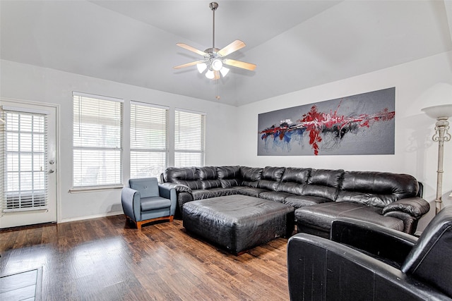 4621 Maple Hill Dr, Fort Worth, TX 76123 - living room featuring wood finished floors, lofted ceiling, ceiling fan, and baseboards