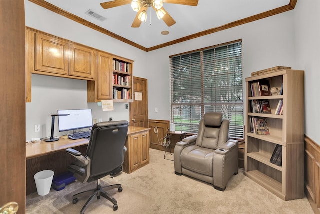 6628 Gray Wolf Dr, Plano, TX 75024 - office featuring light carpet, ceiling fan, wainscoting, and ornamental molding