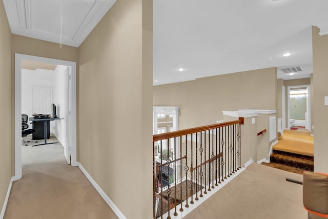 6628 Gray Wolf Dr, Plano, TX 75024 - hallway featuring attic access, light colored carpet, baseboards, and recessed lighting