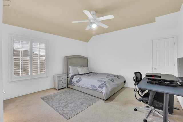 6628 Gray Wolf Dr, Plano, TX 75024 - carpeted bedroom featuring baseboards, a desk, lofted ceiling, and a ceiling fan