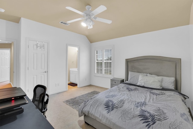 6628 Gray Wolf Dr, Plano, TX 75024 - carpeted bedroom featuring lofted ceiling, an office area, baseboards, ensuite bath, and a ceiling fan