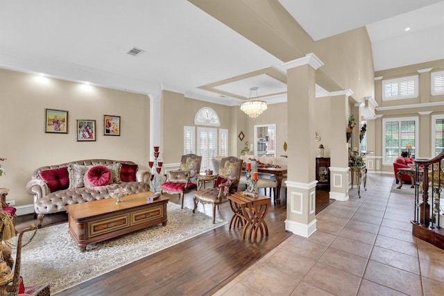 6628 Gray Wolf Dr, Plano, TX 75024 - living room with decorative columns, plenty of natural light, wood finished floors, recessed lighting, and baseboards