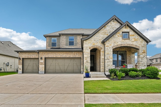 3200 Julian St, Mansfield, TX 76063 - french country inspired facade with brick siding, concrete driveway, a front yard, a garage, and a porch