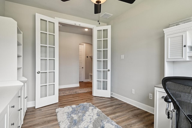 3200 Julian St, Mansfield, TX 76063 - home office with french doors, arched walkways, ceiling fan, wood finished floors, and recessed lighting