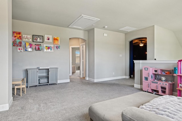3200 Julian St, Mansfield, TX 76063 - carpeted living room with arched walkways, attic access, and baseboards