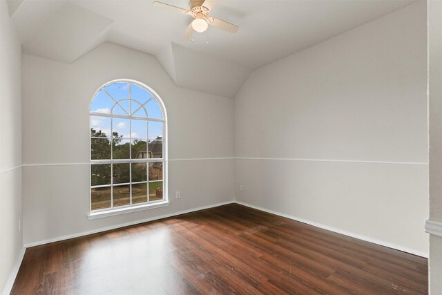 204 Forestview Rd, Hickory Creek, TX 75065 - empty room with wood finished floors, ceiling fan, baseboards, and vaulted ceiling