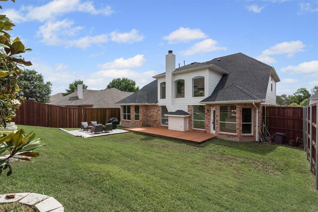 204 Forestview Rd, Hickory Creek, TX 75065 - back of property with brick siding, an outdoor hangout area, a wooden deck, and a chimney