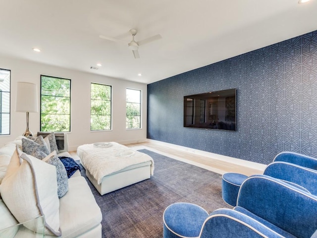 6443 Ellsworth Ave, Dallas, TX 75214 - living room with recessed lighting, ceiling fan, baseboards, wallpapered walls, and wood finished floors