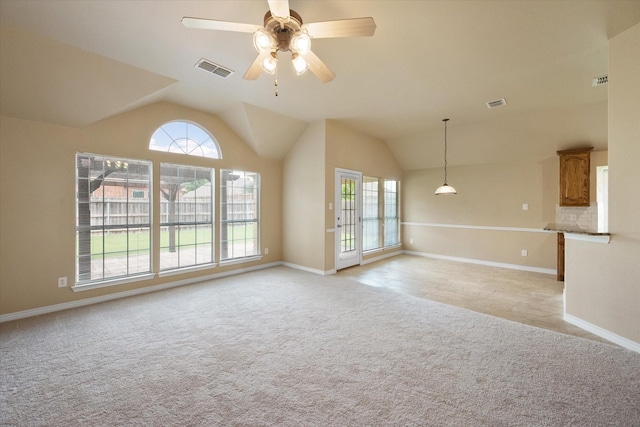 304 Adobe Lilly Ct, Mansfield, TX 76063 - unfurnished living room featuring light colored carpet, a ceiling fan, vaulted ceiling, and baseboards