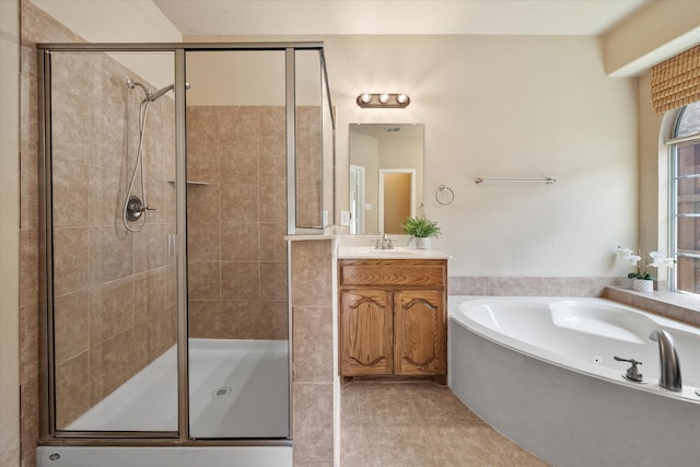 304 Adobe Lilly Ct, Mansfield, TX 76063 - bathroom with a garden tub, a stall shower, vanity, and tile patterned flooring