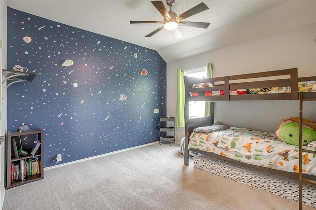 2604 Briarcrest Dr, Burleson, TX 76028 - carpeted bedroom featuring wallpapered walls, lofted ceiling, and a ceiling fan