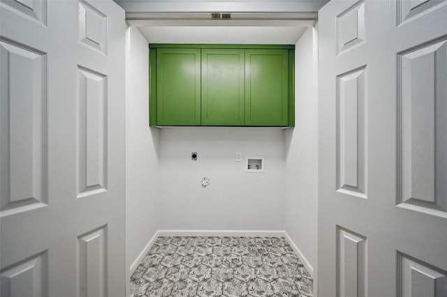 9813 Bancroft Dr, Benbrook, TX 76126 - washroom with hookup for an electric dryer, cabinet space, washer hookup, baseboards, and hookup for a gas dryer