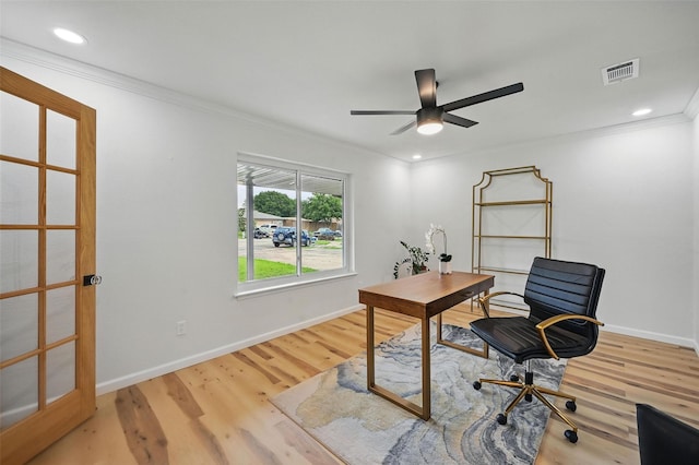 9813 Bancroft Dr, Benbrook, TX 76126 - office space with ornamental molding, a ceiling fan, wood finished floors, baseboards, and recessed lighting